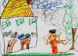 Picture of house with table , three bowels and three spoons