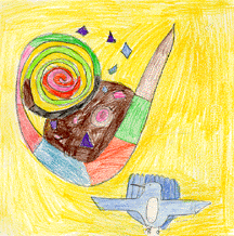 The drawing shows a multi-colored spiral shape and a blue bird.