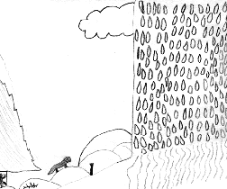 The drawing shows an animal in the desert with rain falling in half the picture.